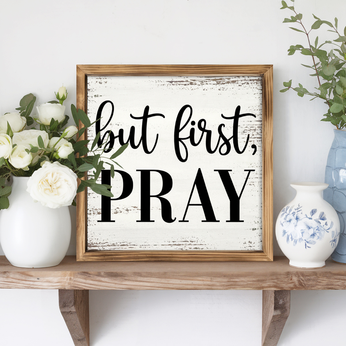 TEMU 1pc Rustic Farmhouse Wooden Framed " Pray" Sign - 8x8 Inch White & Wood Verse Wall Art, Inspirational Home Decor For Bedroom, Kitchen, Office -