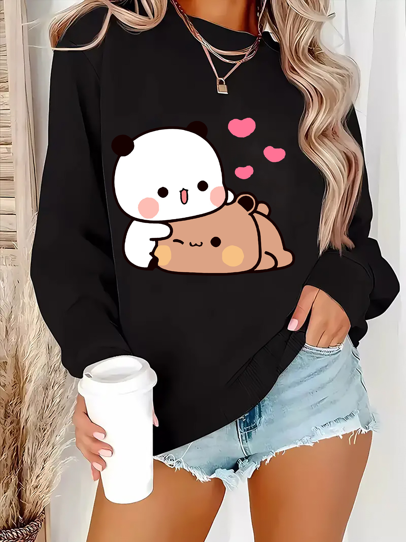 suéter deportivo casual mujer estampado pareja panda oso Temu