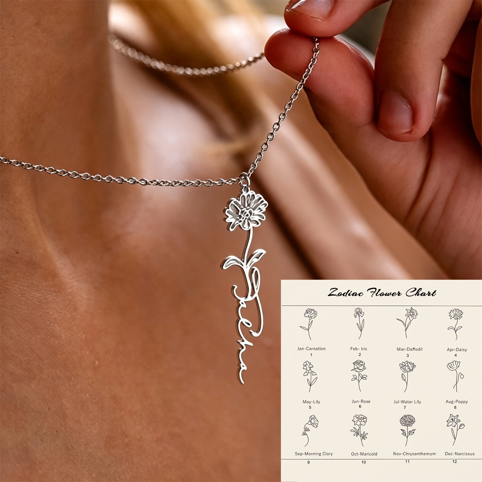 Personalized 18K Golden Plated Name Necklace, Zodiac Pendant Gift