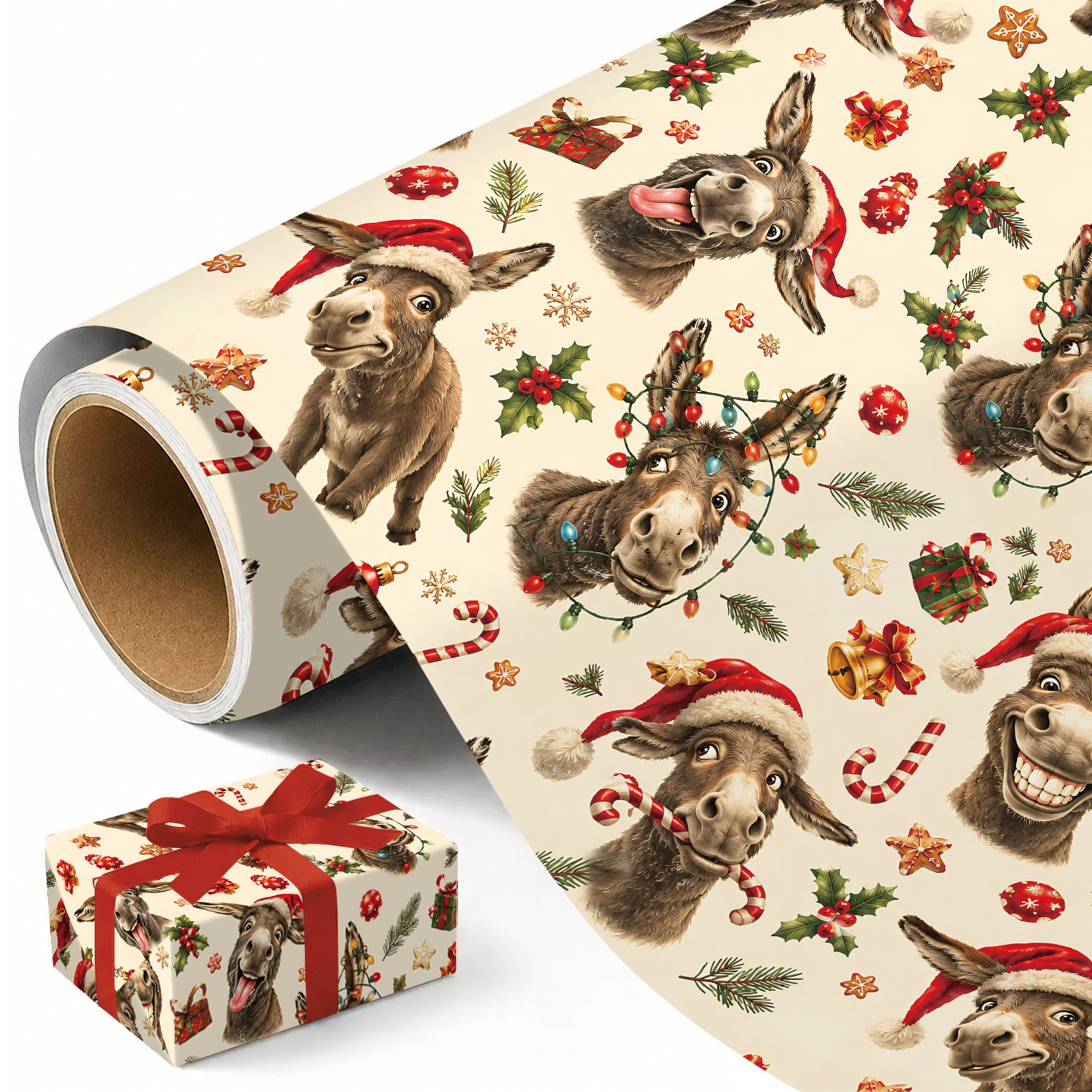 TEMU 1 Rolle Weihnachts-Geschenkpapier, geeignet für Weihnachtsgeschenke, Feiertagsparty-Zubehör mit Eseln, Weihnachtsmützen, Stechpalme, Glocken,