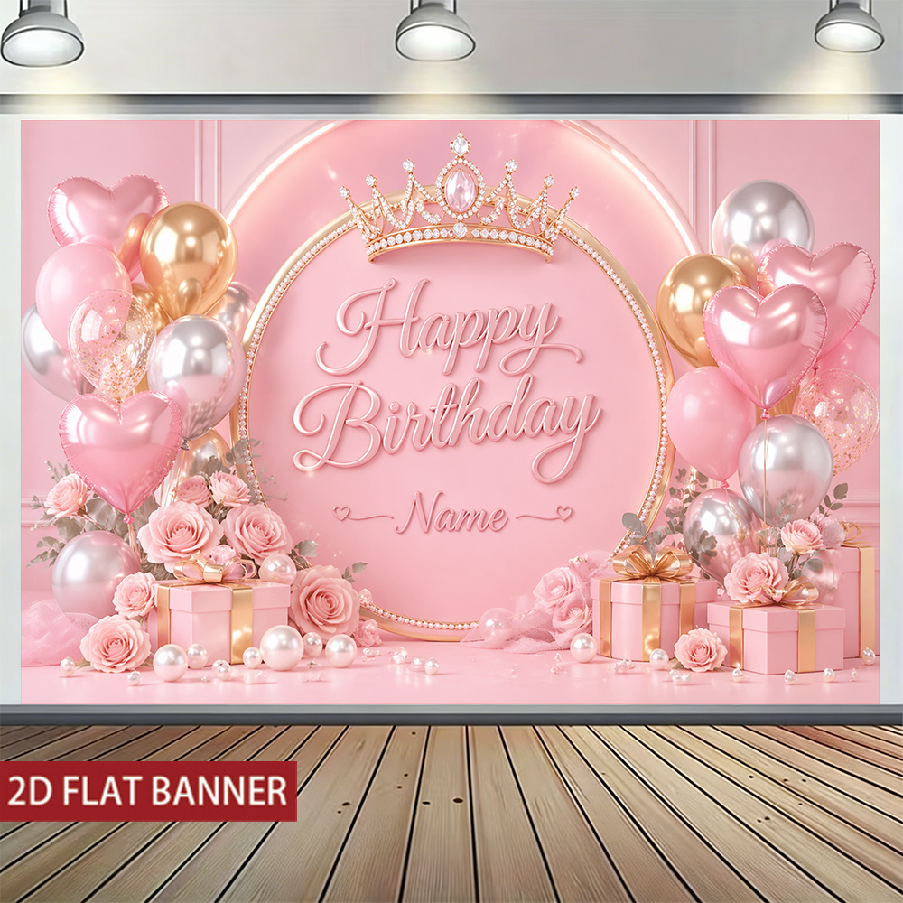 TEMU 2d Flat - 2d Flat - 2d Banner Custom Personalized Name Text, Flat Printing, Custom Party Banner 1pc, Pink Birthday Theme Decoration, Crown And