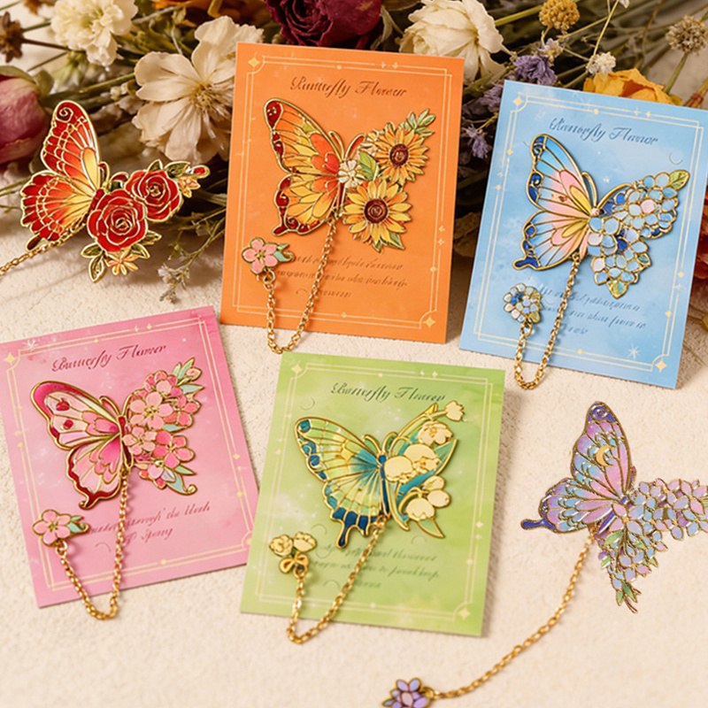 TEMU 6pcs Marque-pages Papillon Floral avec Chaîne Pendentif, Design Doré , Matériau Fer, Esthétiques Fleur et Papillon, Pinces de Page Exquises,