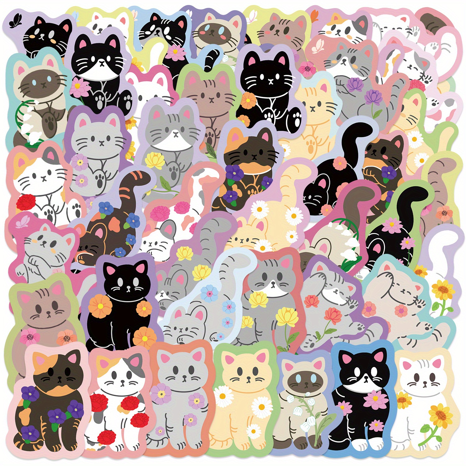 Image of 50pcs Colorful Flower Cat Cartoon Decals Graffiti Decorated Suitcase Water Bottle Diy Skateboard Luggage Helmet Self Adhesive