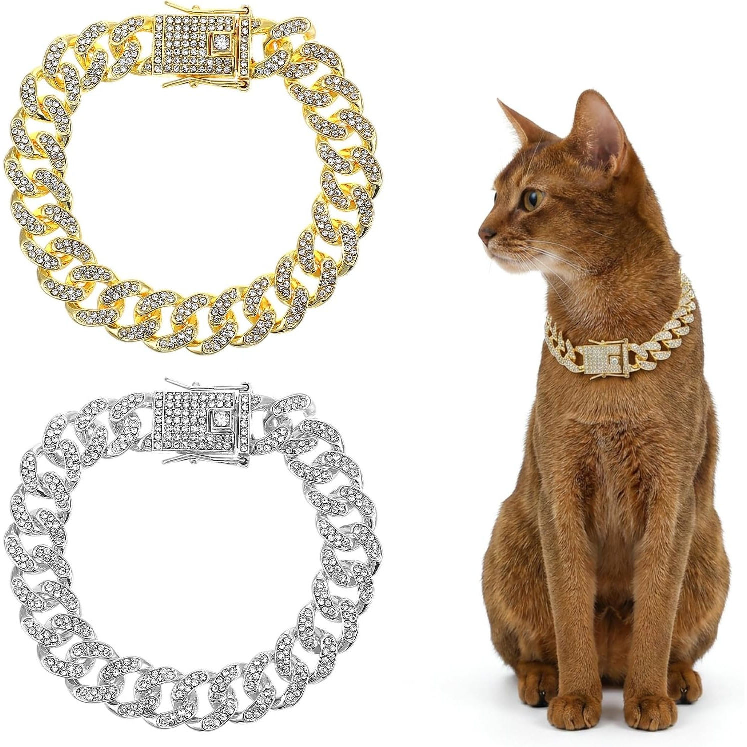 TEMU 2pcs Golden Silvery Cat Chain Collar 8 Inch Dog Chain Collars Cuban Collar For Kittens Puppies Pets Metal Jewelry Accessories