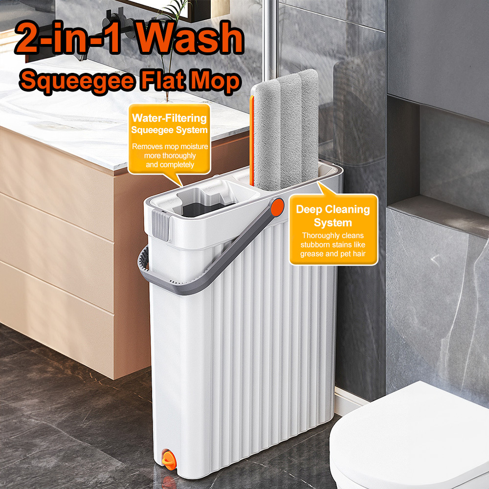 Mop And Bucket Set With Dehydration System, 4 Reusable Microfiber Pads And Xl Drain Port, Instantly Dries Mop, Scraper Teeth Design And Bottom Stabilizing Suction Cups For Bathroom Kitchen Patio