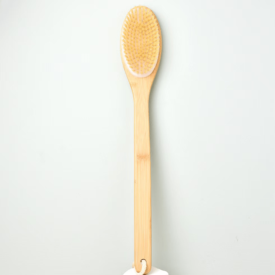 1pc bamboo long handle bath brush, the handle is curved, easy to reach the back, waist and other hard-to-clean parts, wet or dry, remove body dead light beige and   dirt. no power supply required, back scrub brush | bath body brush Product details 1