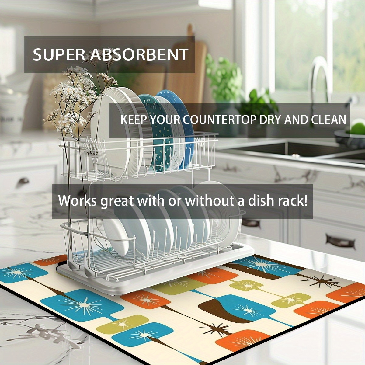 TEMU 1pc Midcentury Modern Starburst Print Fabric Antiskid Kitchen Absorbent Draining Mat Super Absorbent Draining Coffee Dish Drying Mat Quick