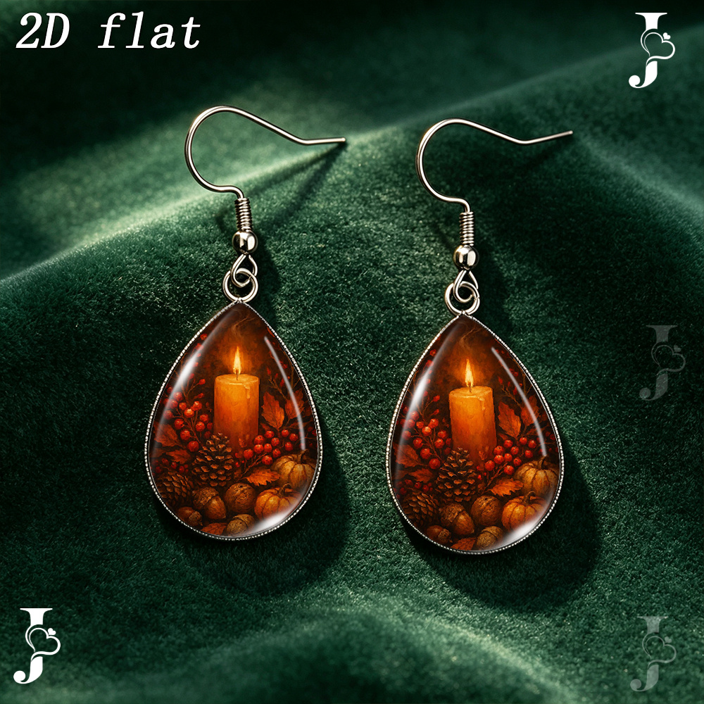 Teardrop Dangle Earrings with Autumn Candle Pinecone Pattern