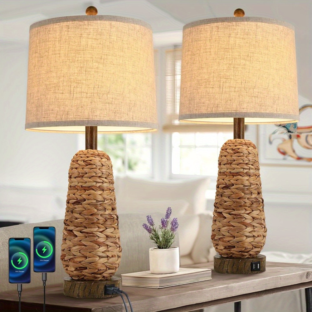 TEMU Set Of 2 Rattan Table Lamps, 27 Inch Tall Wicker Lamp With 2 Usb , Seagrass Bedside Lamps For Living Room, Bedroom, Office, College Dorm, Coffee