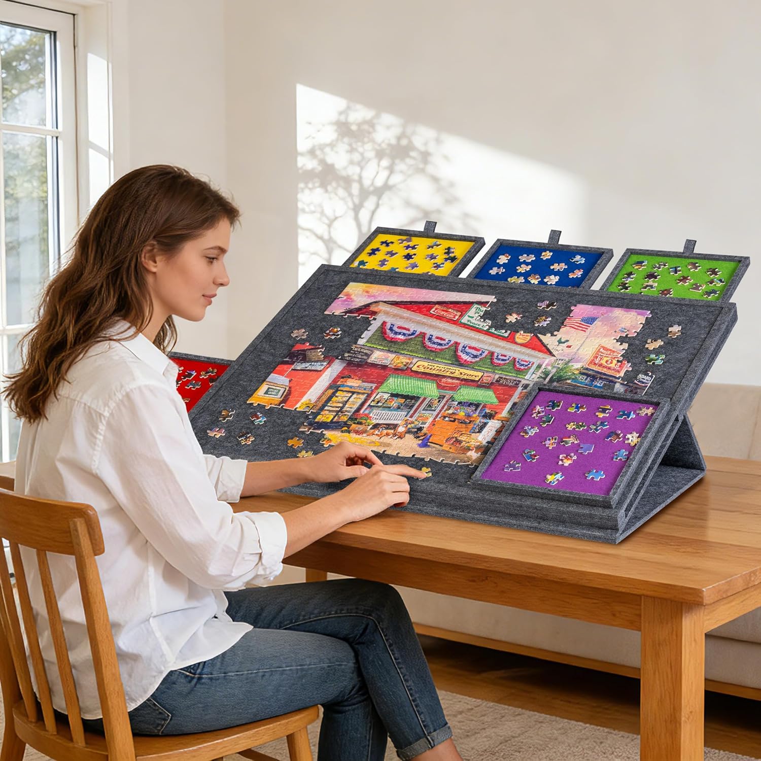 Tragbarer Puzzle-Tisch mit 2-in-1 Stnder & Abdeckung, Superleichte  Filzplatte Aufbewahrung, 5 Schubladen, fr Erwachsene, bis zu 1000 Teile,  Dunkelgrau oder Hellgrau, Strapazierfhiges Polyester, ...