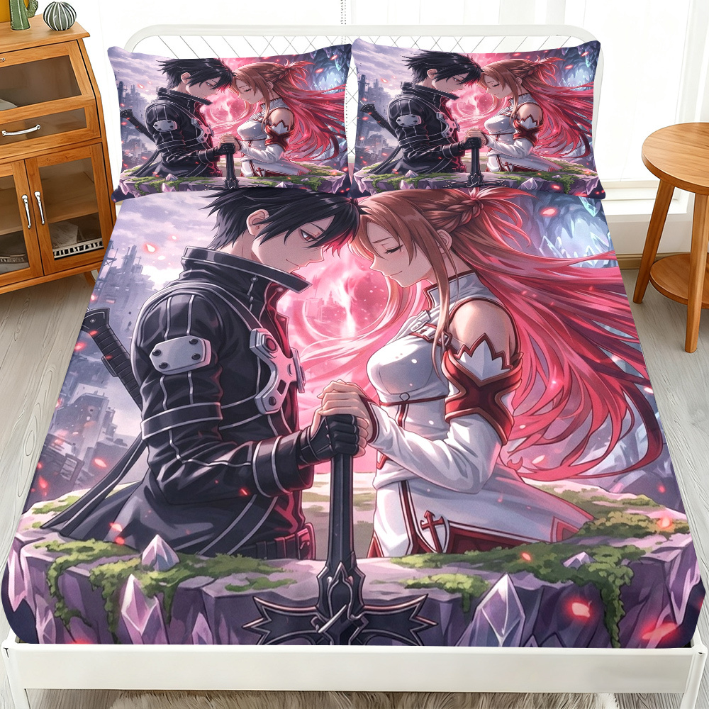 TEMU 3pcs Anime Fantasy Couple Fitted Sheet 3pcs Set (1*fitted Sheet 2*pillowcases, ), Romantic Theme, Artistic Bedding, Mattress Protector Soft,