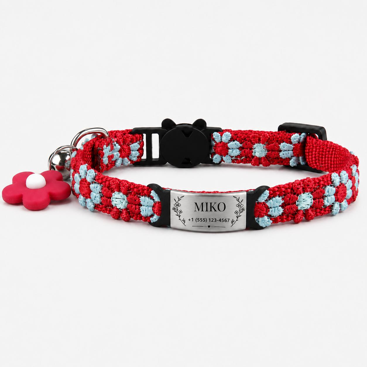 TEMU 1 Collar para gato personalizable, collar floral con campana y patrones de margaritas y corazones, placa de metal grabable para y número de