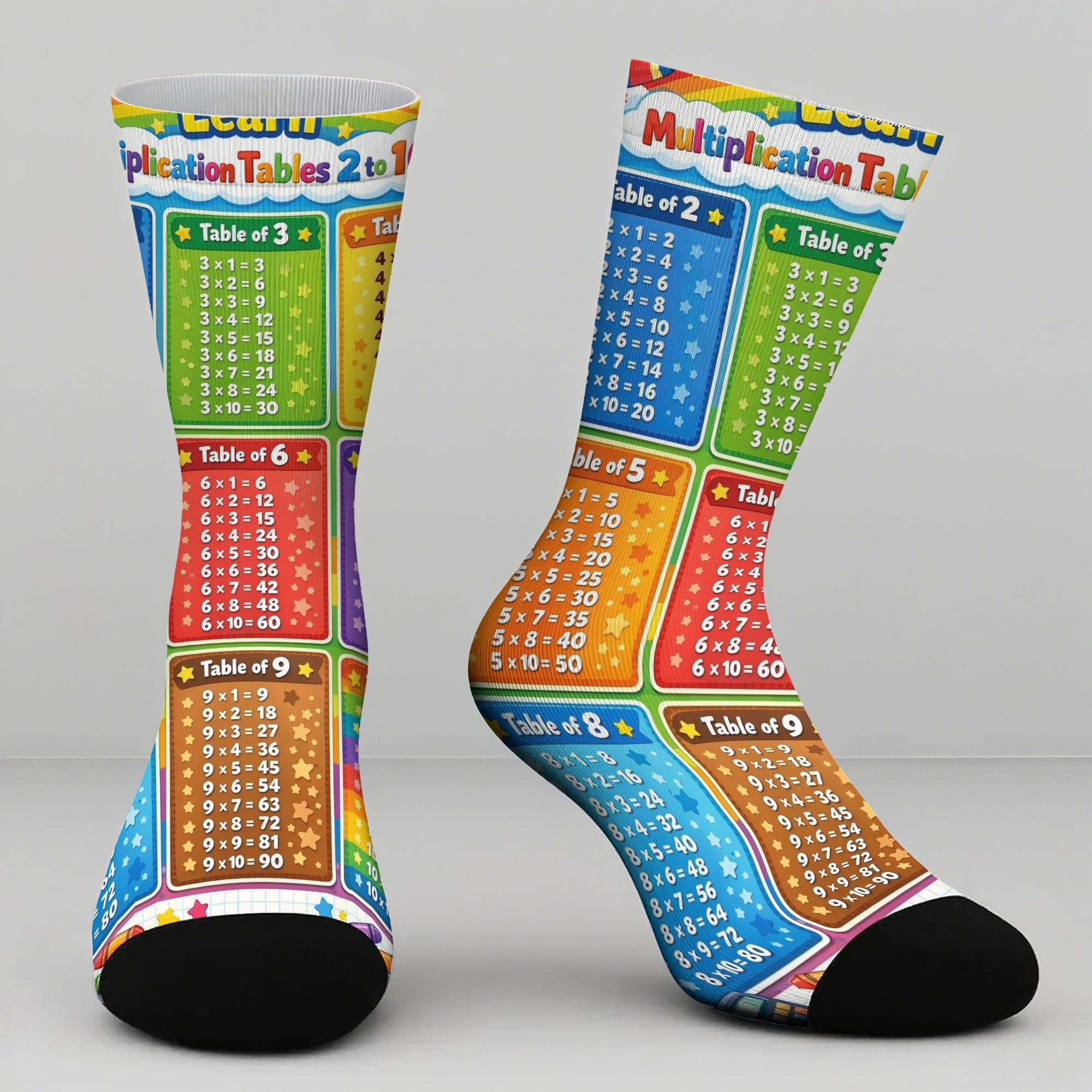 Image of Rainbow Multiplication Tables Creatively Designed Socks, Comfortable, With Stylish Prints, Breathable And Elastic For A , Suitable For Casual Wear, Cute Socks, For