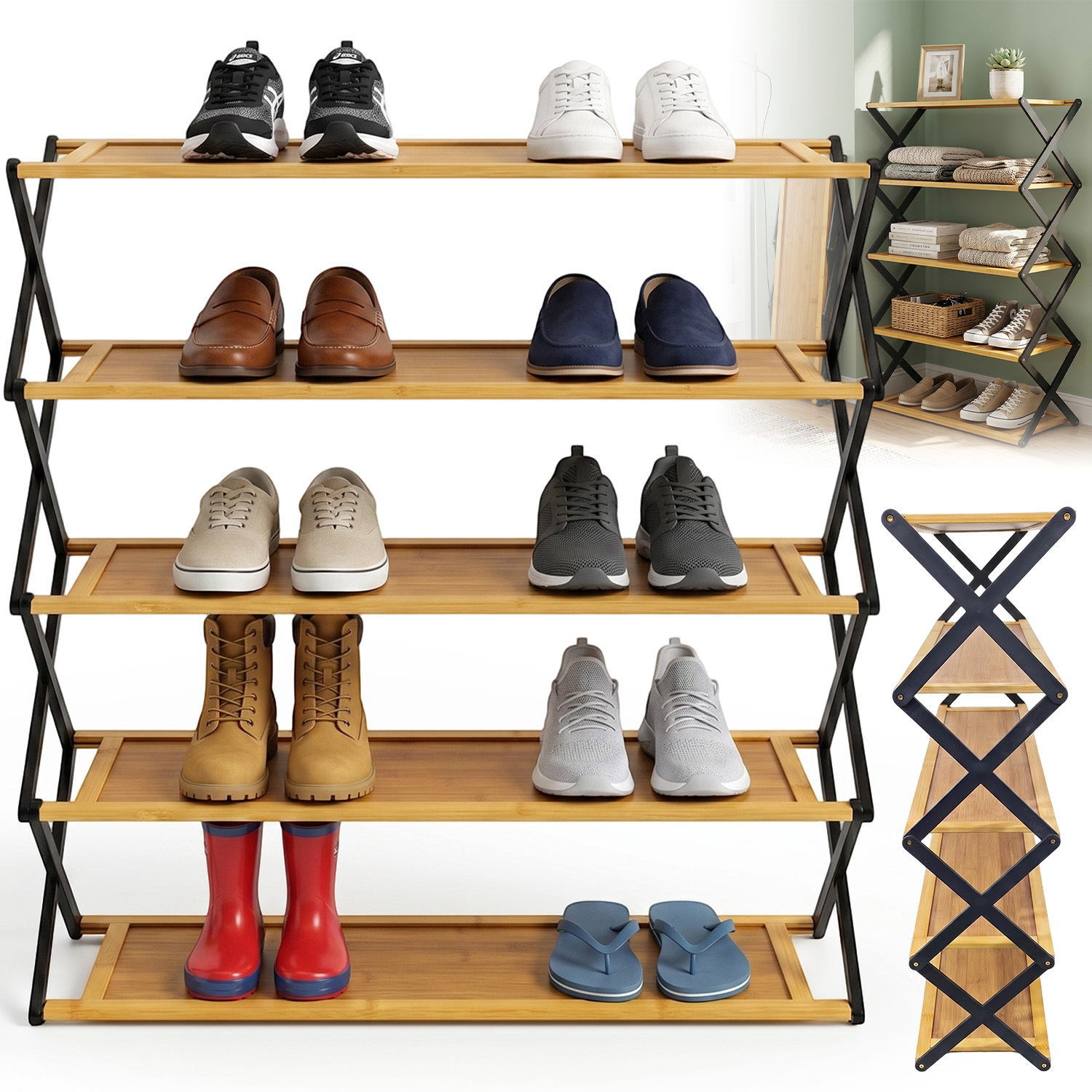 Image of Space-saving Foldable Wooden Shoe Stand With 5 Layers, Portable Footwear Organizer For Hallway Dorm Living Room Use