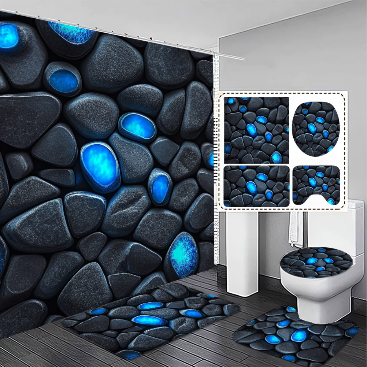 TEMU 2d Flat, 4pcs Bathroom Decoration Set, Blue Glow Stone 2d Curtain Set With Non-slip Bath Mats And Toilet Lid Cover. With 12 Hooks. Exquisite And
