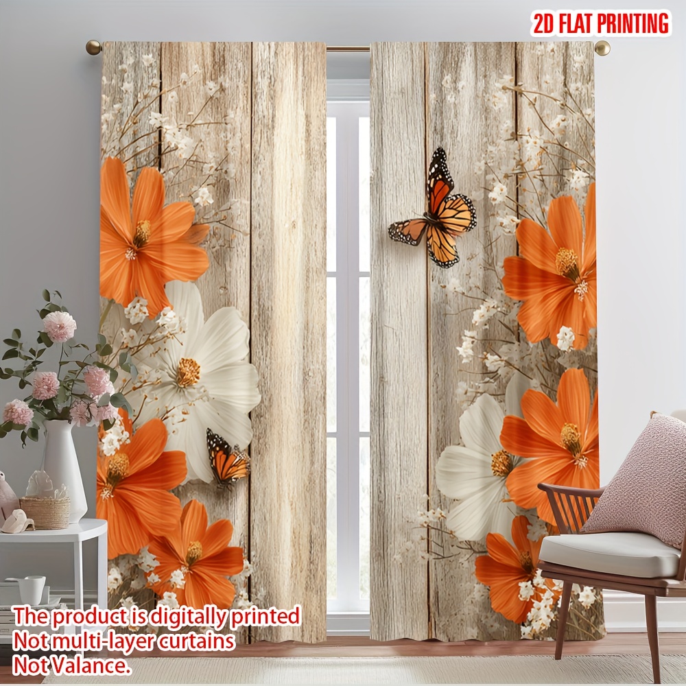 TEMU Rideaux en polyester imprimés 2D plats - 2 pièces | Bordure papillons orange et , semi-transparent, , lavable en machine, convient pour salon et