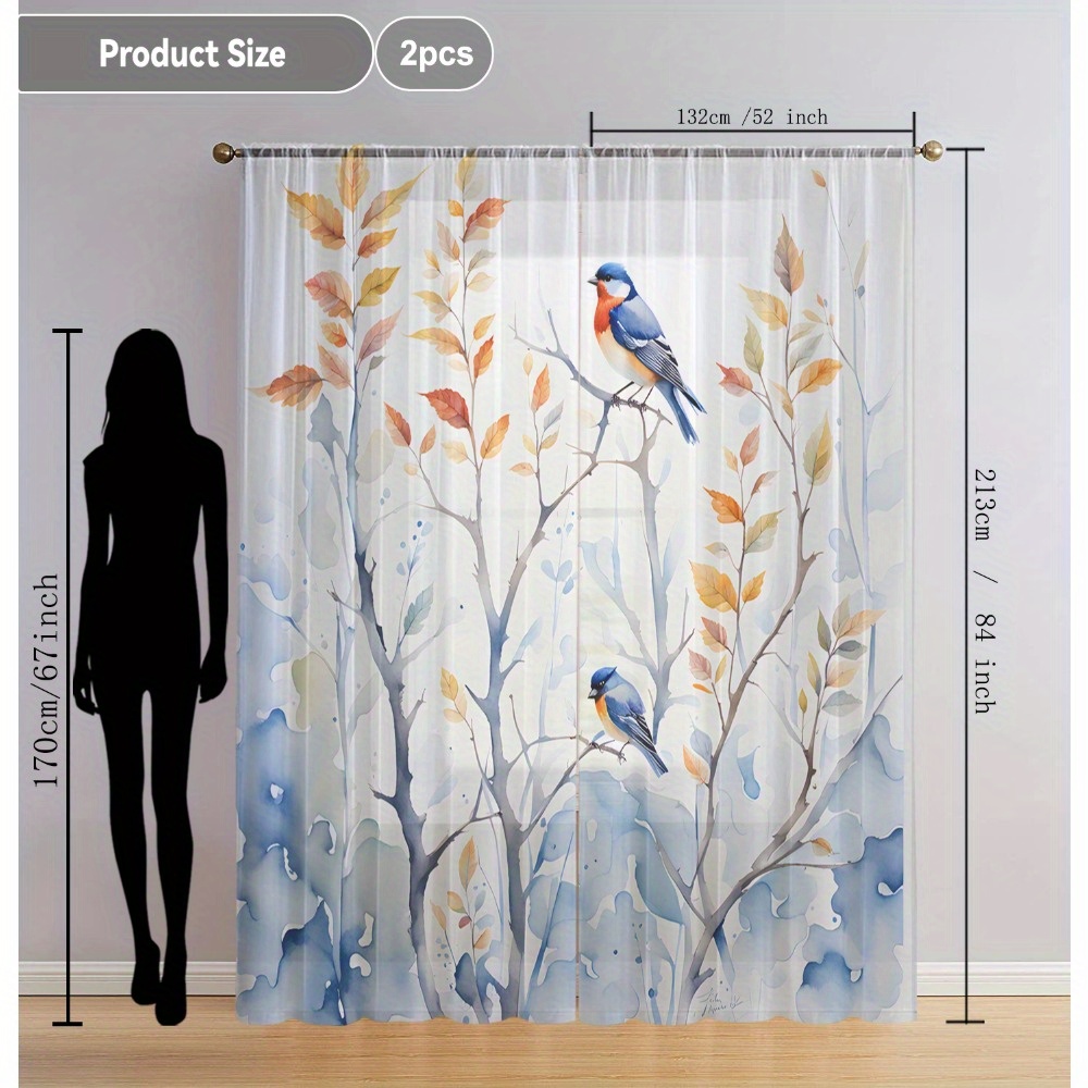 TEMU 2 rideaux transparents en polyester avec motif oiseau élégant - Résistant, lavable en machine, design à poche pour salon, cuisine, café, chambre