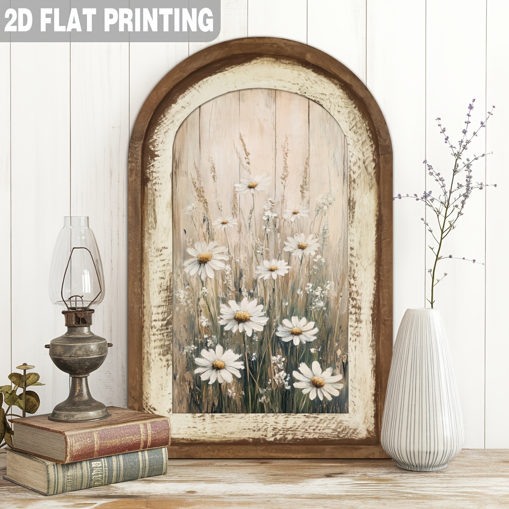 TEMU 2d Flat, 1pc Vintage White Daisy Arched Wall Decor - Rustic Wood Sign With Suitable For Labeling, Farmhouse Wood Panel For Living Room, Bedroom,
