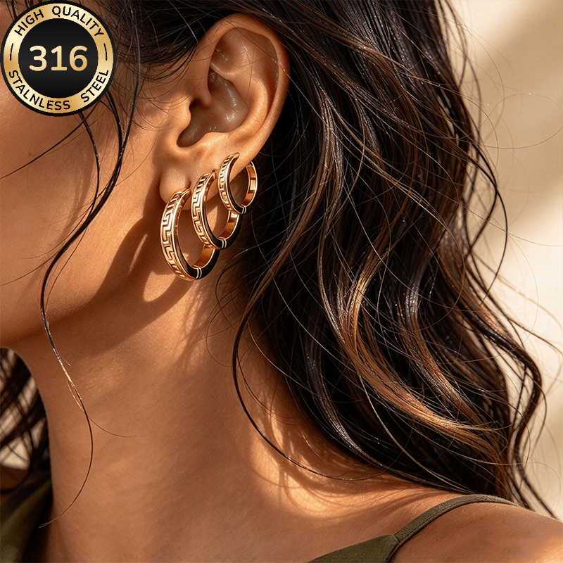 TEMU 3-pair Light Luxury Vintage Pattern Stainless Steel Earring Set, Women' Steel Earrings, Female Jewelry Accessories, , Light Luxury Vintage,