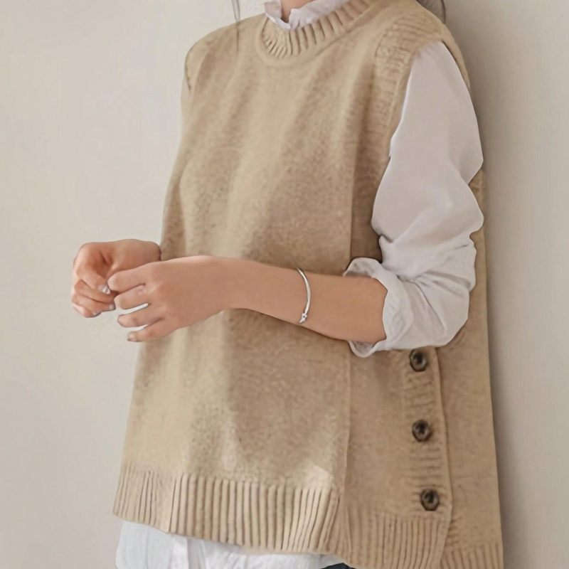 

Women's Casual Knit Sweater Vest With Side Button Detail - Round Neck, Sleeveless, Soft Viscose/polyester , For All , Cute Sweaters