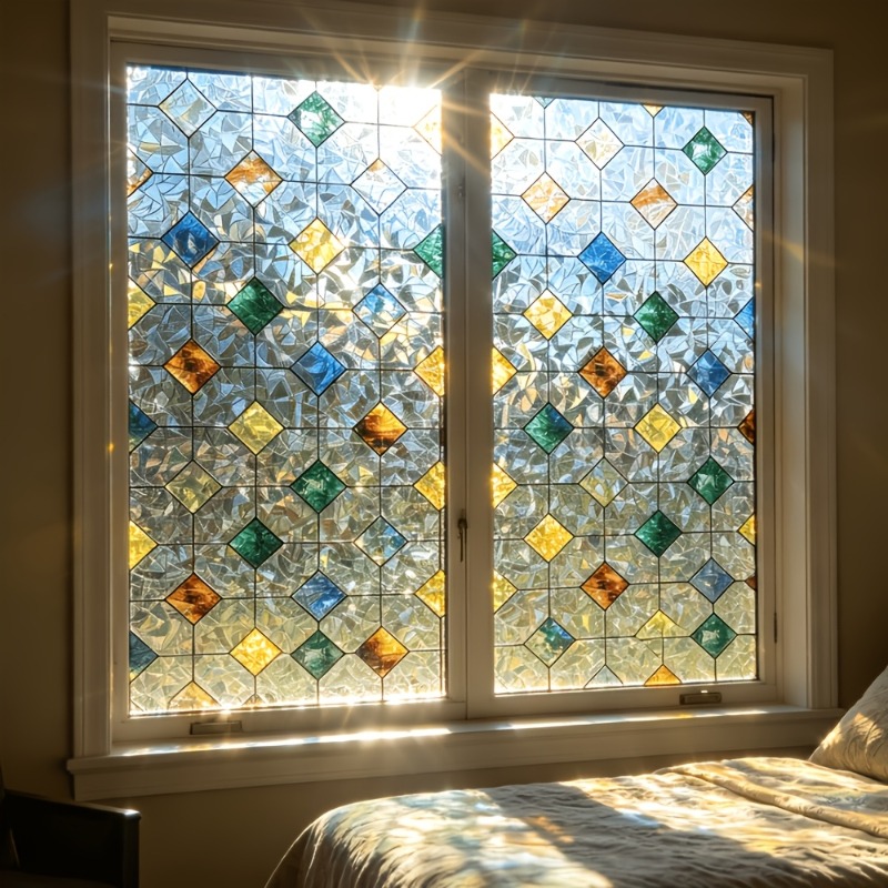 TEMU 1pc Colored Square Checkered Crescent Rhombus Glass Film, Static Cling Bathroom Window Film, Non-adhesive Privacy Decorative Window Cover,