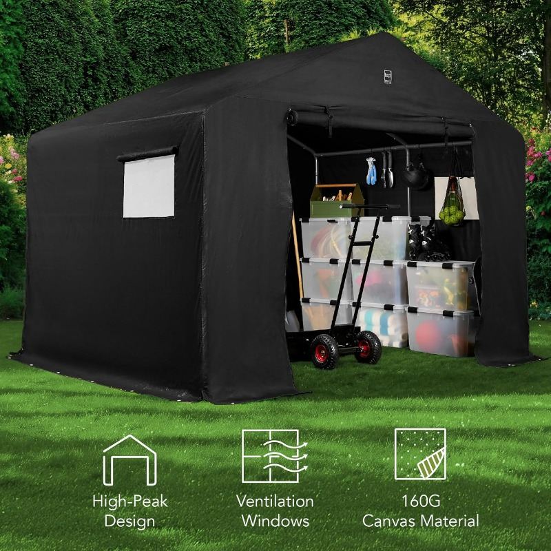 10x8ft Heavy-Duty Outdoor Storage Shed with Dual Roll-Up Doors & Windows, Steel Frame Canopy Shelter - UV50+ Rated, Easy Assembly, for Motorcycle, Bike, Garden Tools, Lawnmower - Black, Backyard Organization, Weatherresistant Design, Longlasting Durability, Motorcycle Owners