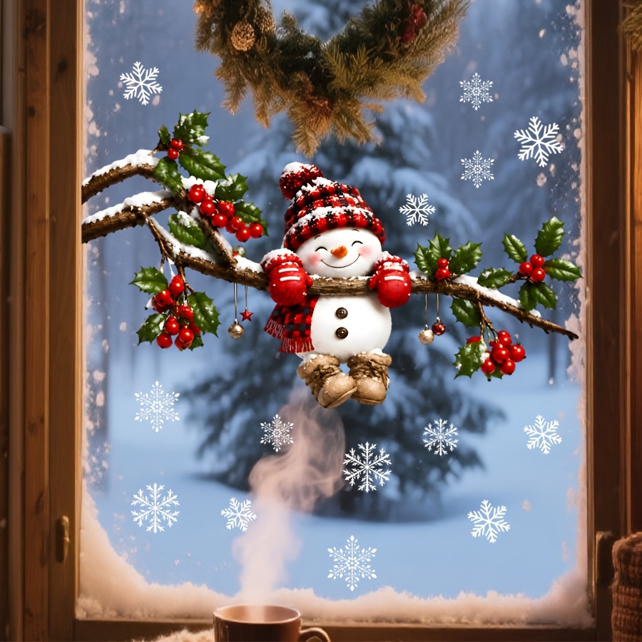 TEMU 1pc Warm Winter Snowman Hanging Ornament Window Sticker, Christmas Holiday Decorative Glass Sticker, Reusable Adhesive-free Pvc Static Cling