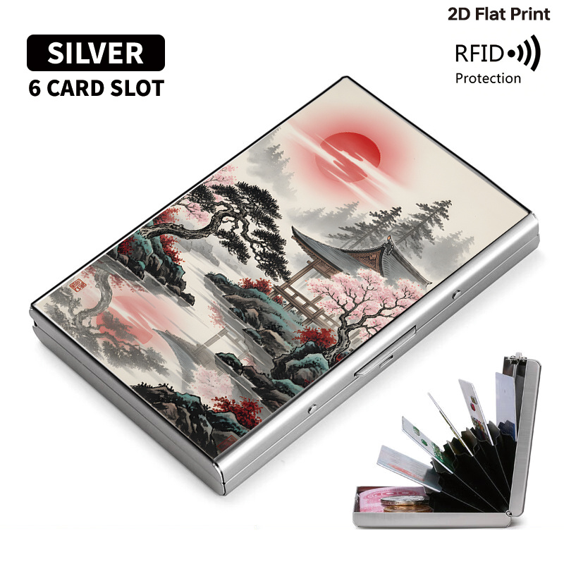 TEMU Ink Style Japanese Temple Cherry Stainless Steel Rfid Blocking Metal Wallet For Fashionable Black & Silvery Card Holder With Design Ideal Gift