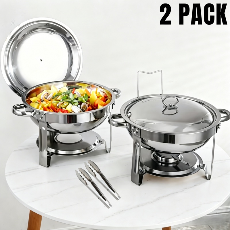 E-shop 2er-Set runde Buffet-Topfherde aus Edelstahl mit 4,5L Fassungsvermögen - Inklusive abnehmbarer Chafing-Dishes, Deckeln, Wasserbehältern und