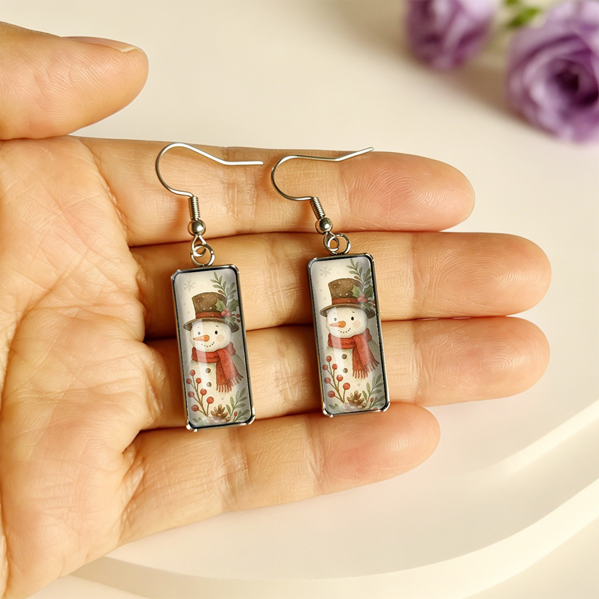 Vintage Top Hat Snowman Pattern Rectangular Earrings