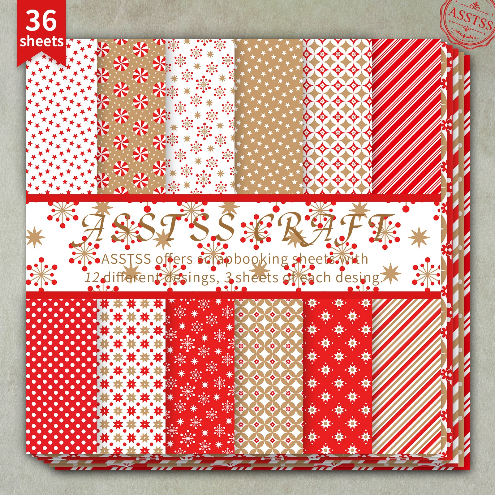 TEMU 36-sheet Asstss 6*6inch Scrapbooking Paper Pad,christmas Vintage Red Beige Star Snowflake Candy Polka Dot Stripe Style Backing Paper Supplies,