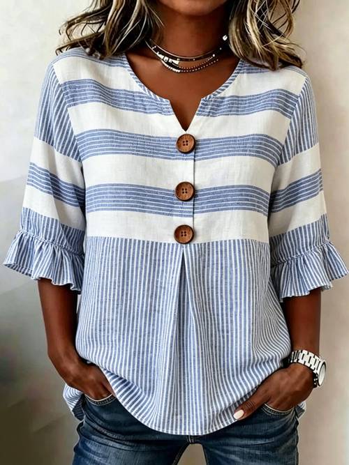 womens striped print v neck blouse casual 3 4 ruffle sleeve loose fit button detail tunic top lightweight summer shirt