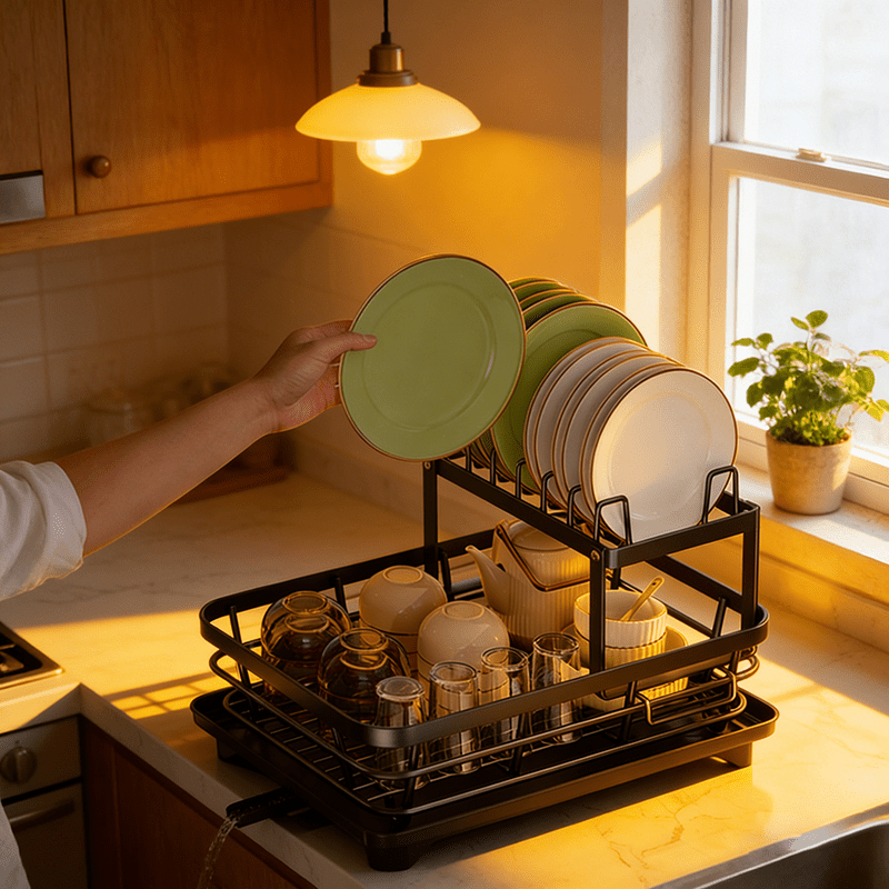 Image of A Two-tier Metal Bowl Stand Featuring A Drainage Tray, Utensil Holder, And Cup Hooks | Compact Countertop Bowl Organizer, For Plates, Pots, And Pans, Providing Durable Kitchen Storage (stylish )