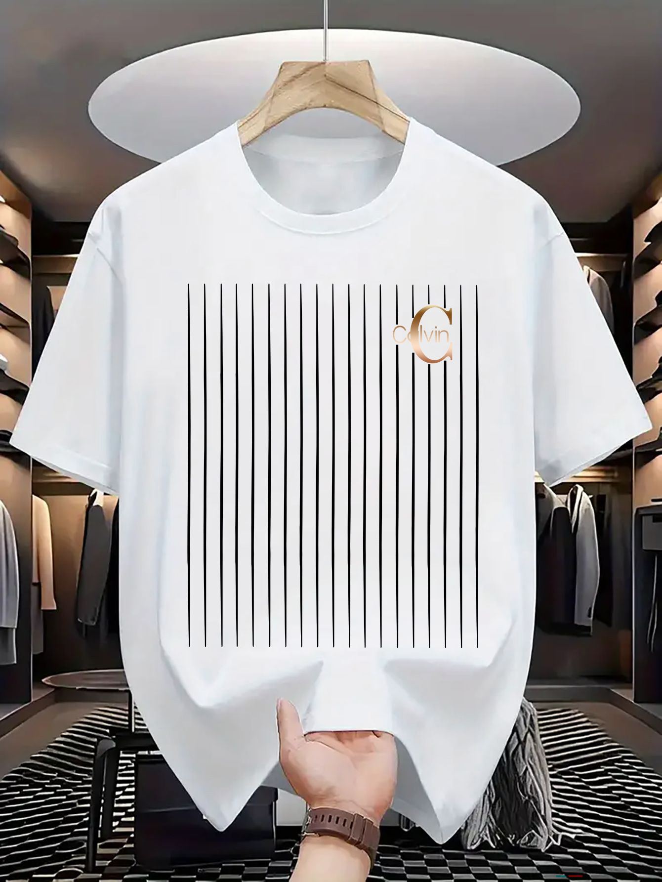 Men's casual and fashionable minimalist lines - C-Calvin printed T-shirt, round neck comfortable polyester fabric, suitable for daily wear as fashionable streetwear, Men's clothing