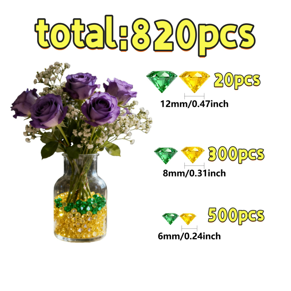 E-shop 820-teiliges Set aus gelben und grünen Diamanten - 12/8/6 mm, Vase mit unechten Diamanten gefüllt, Heimdekoration, Partydekoration,