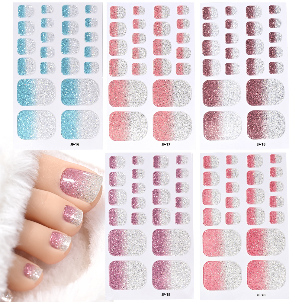 5pcs Gradient Glitter Design Toe Nail Sticker Full Cover Toenail Strips Wraps Self Adhesive Sliders For Women Spring Summer Diy Foot Tips Decals
