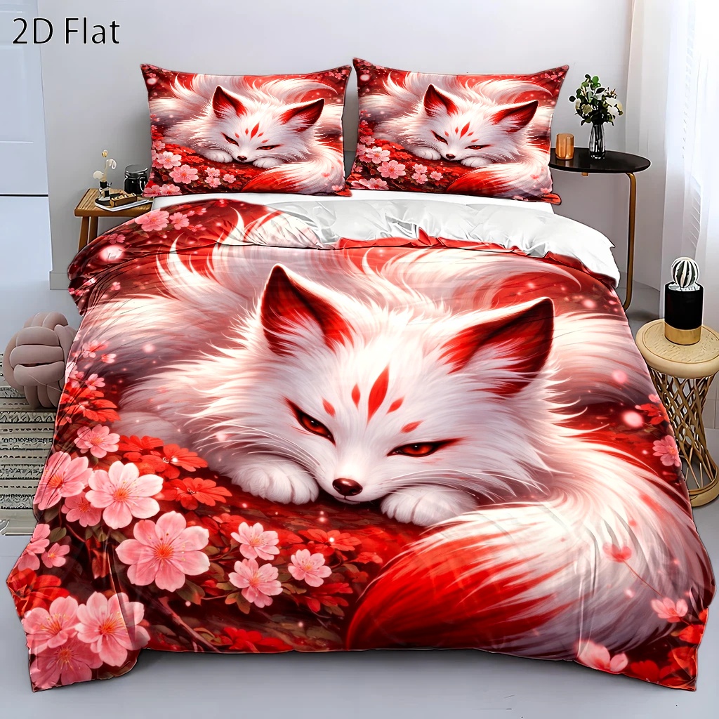 TEMU 3pcs Japanese Nine-tailed Fox Cherry Duvet Cover Set, Bedding (1 Duvet Cover   2 Pillowcases), Suitable For , Machine Washable, Hidden Zipper
