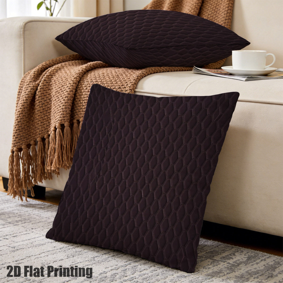 TEMU 2D Plat 2 stuks Geometrisch, Ruitpatroon, Kussen, Dubbelzijdige Prints, Elegant Donkerbruin Ruitontwerp, Perfect voor, Moderne Bank, Gezellige