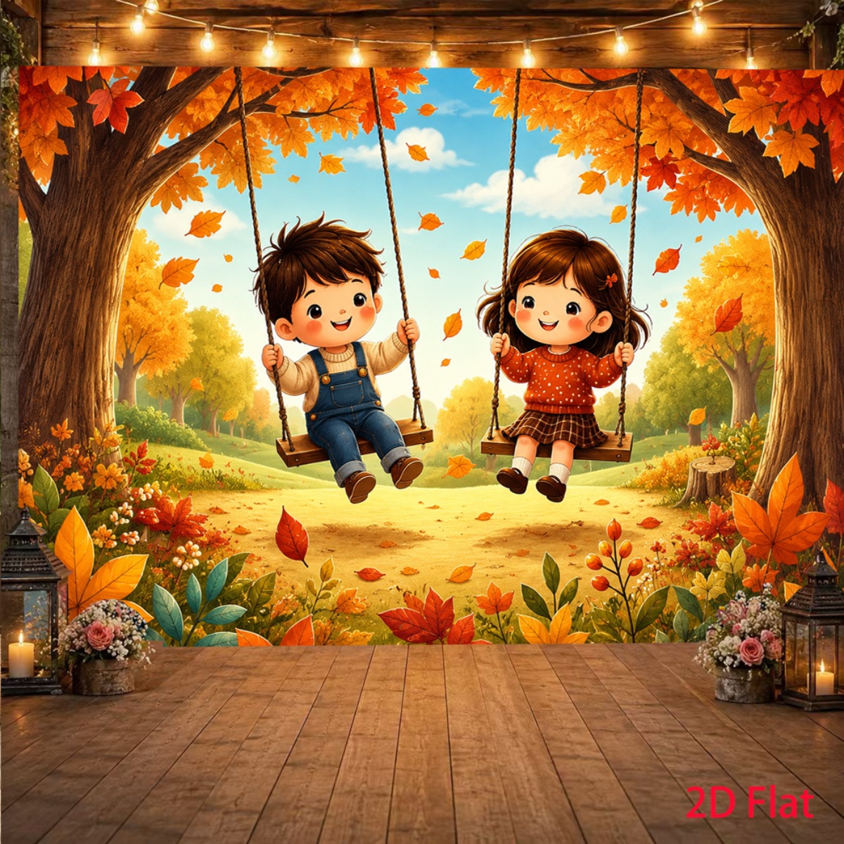 TEMU 2d Flat, 2d Flat - 2d Flat, 2d Flat - 2d Flat, 1pc, Autumn Forest Children Swinging Falling Leaves, Photo Backdrop For Birthday Party, Fabric