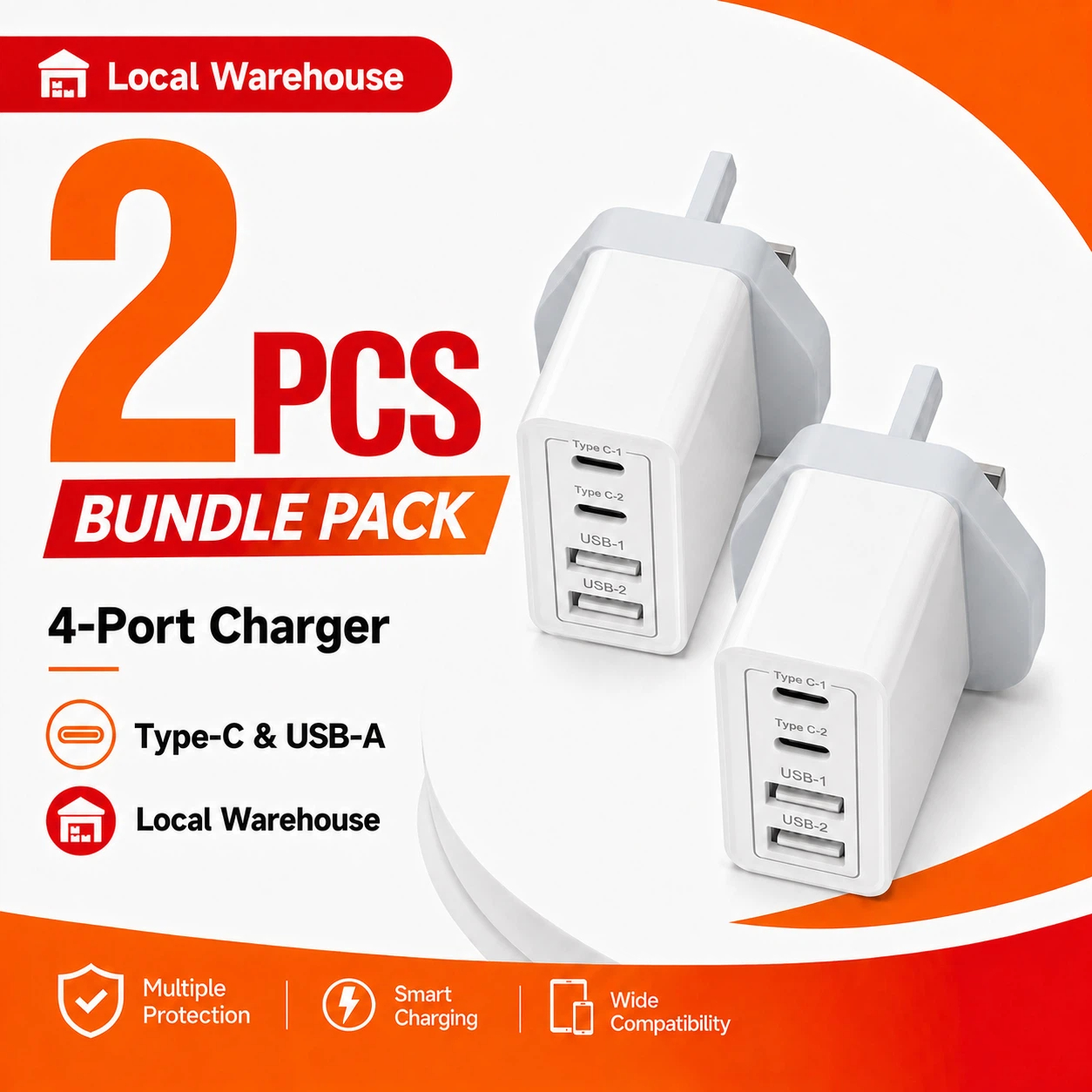 TEMU [2-pcs] 4-port Usb Wall Charger Uk Plug, Dual Usb-a And Dual Usb-c Multi-device Charging Adapter, Compact And Durable For Home, Office, And