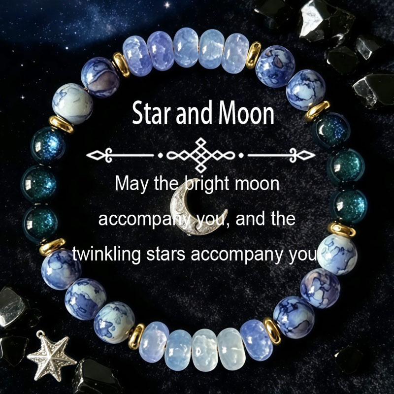 TEMU 1pc Stylish Sky Moon Star Beaded Stretch Bracelet, Combining Blue-spotted White Agate, Marbled , And Beads With Tiny - Accents, A Modern