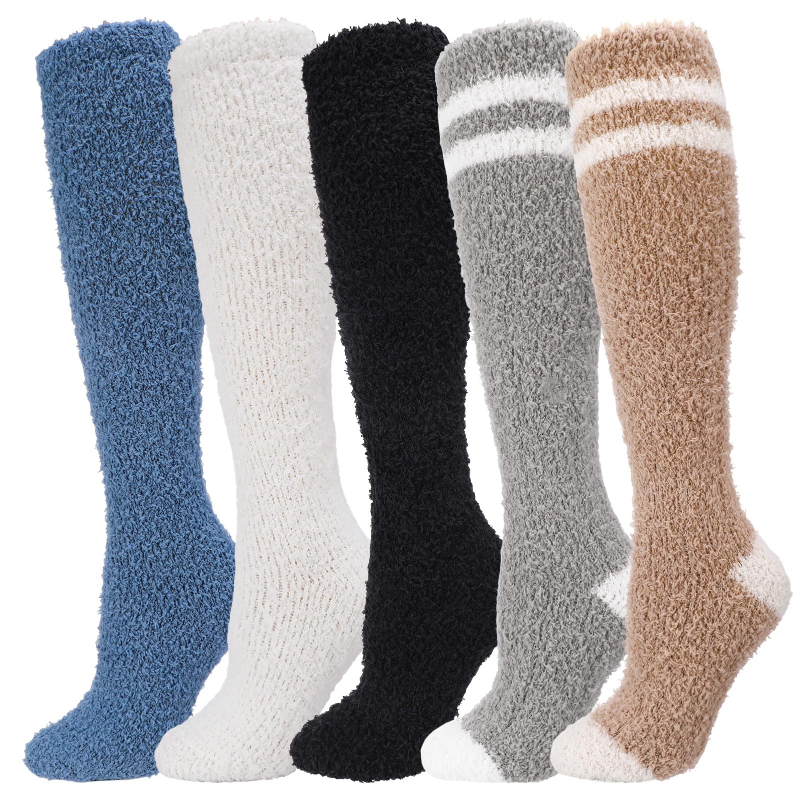 TEMU 5 Pairs Women's Long Fuzzy Socks - Soft Knee High Fluffy Stockings, Warm Plush Leg Warmers For Winter & Christmas