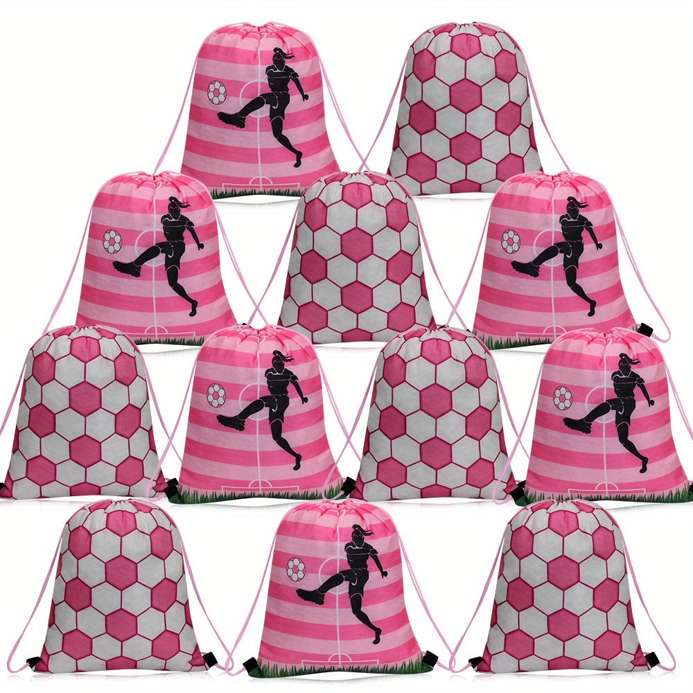 TEMU 12 Pink Football Girl Themed Party Drawstring Bags - Polyester Material Durable And Reusable, Suitable For Birthdays, Christmas, Halloween Party