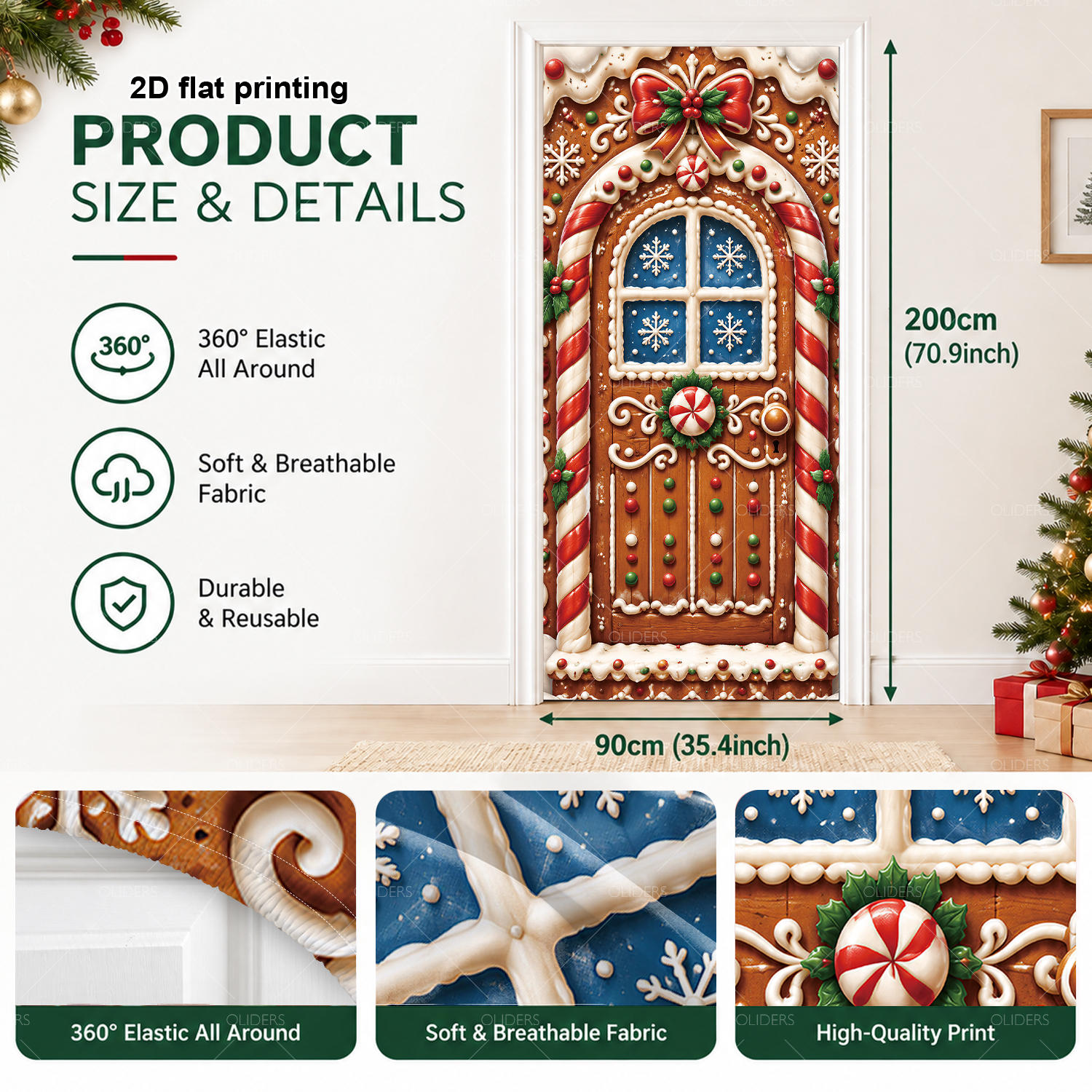 TEMU 2d Flat, 2d Door Banner, 2d Flat Door Banner 1pc Stretch Elastic Christmas Front Door Banner, Door With Bow Snowflake Candy Ornament Scene Door
