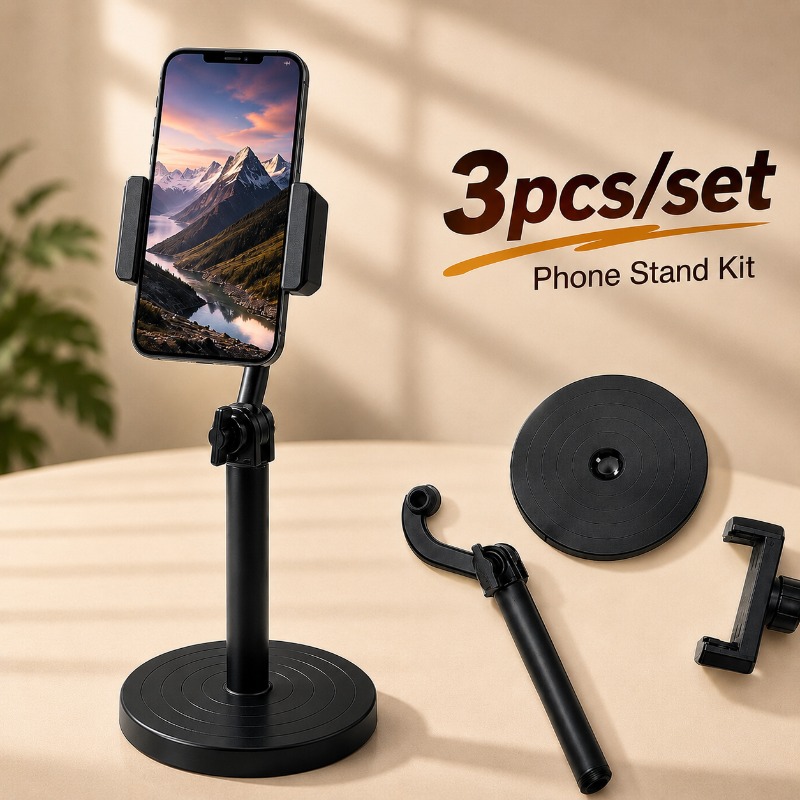 TEMU 3pcs/set Black Rotatable Universal Phone Holder, Adjustable Angle, , Durable For Smartphones And Tablets, , Modern Minimalist Style, Ideal For