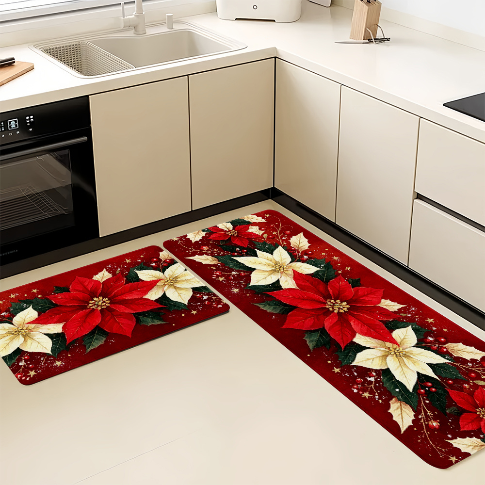 TEMU 2/3pcs Christmas Red And White Bouquet Pattern Kitchen Rug Set, Festive Decorative Floor Mat, Suitable For Kitchen, Living Room, Laundry Room,
