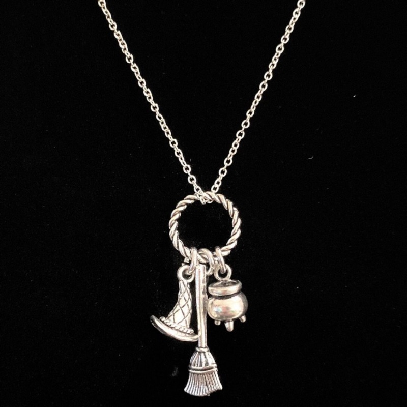 TEMU 1pc Charm Necklace With Broom Hat And Pot Pendant, Halloween Additions, Horror Gothic Style Jewelry, Suitable For Daily Cosplay And Theme