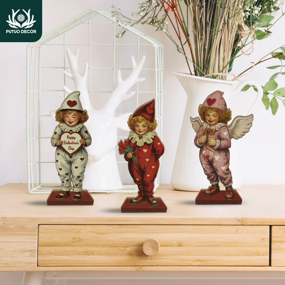 

3pcs Putuo Decor Clown Figurines, Wooden Tabletop Decorations, For Valentine's Day, Christmas, Thanksgiving, Farmhouse, Living Room, Gift Shop, Restaurant Display