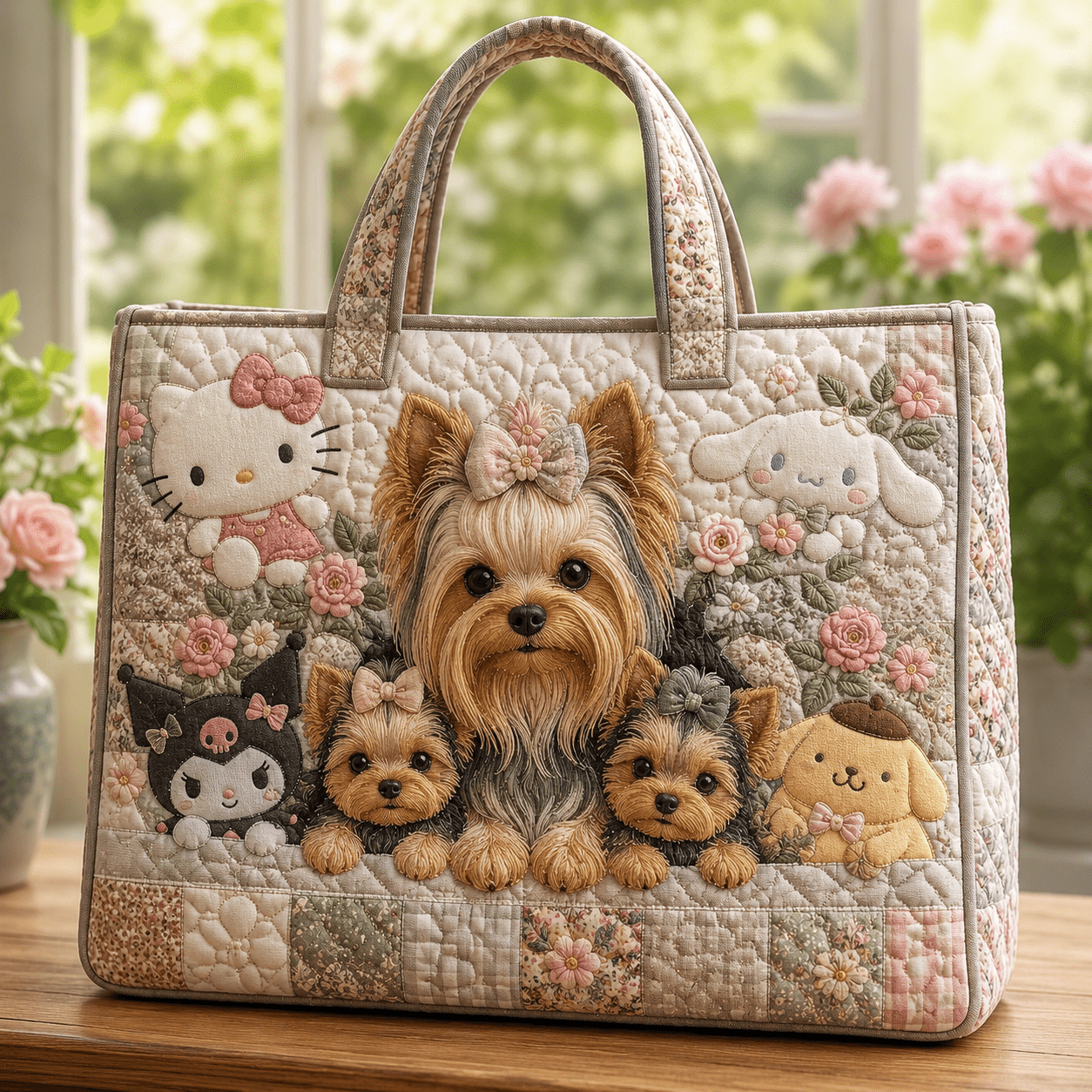 TEMU Yorkshire Terrier Tote Bag With Real Quilted Embroidery & Floral Print - Lightweight Handbag Suitable For School, Travel, Gym, Airport, Zipper