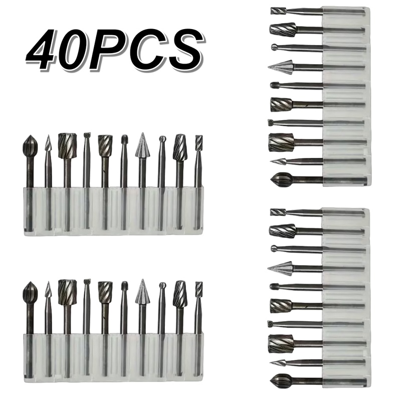 TEMU 40pcs Hss Rotary File Set, 10 Shapes Carving Burr Bits, Industrial Grinding Tools For Wood Metal Cutting, Engraving And Polishing, Portable Kit